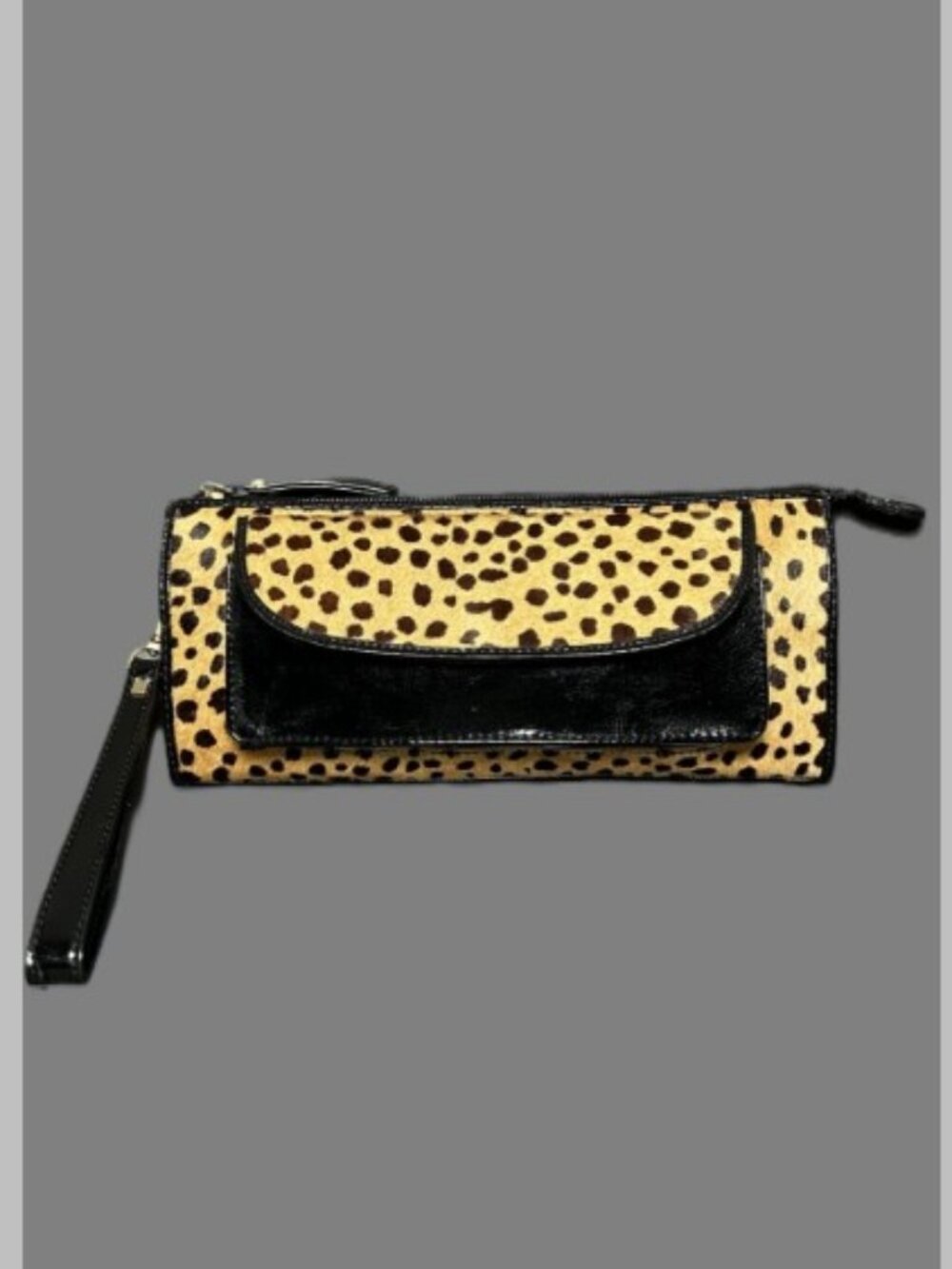 Talbots Leather Leopard Print Calf Hair Wristlet Clutch Wallet Black Patent Trim